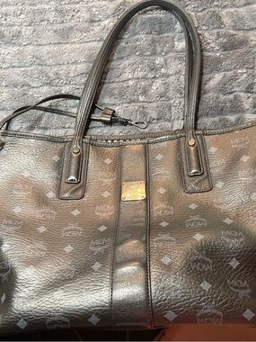 MCM Metallic Silver Monogram Leather Tote